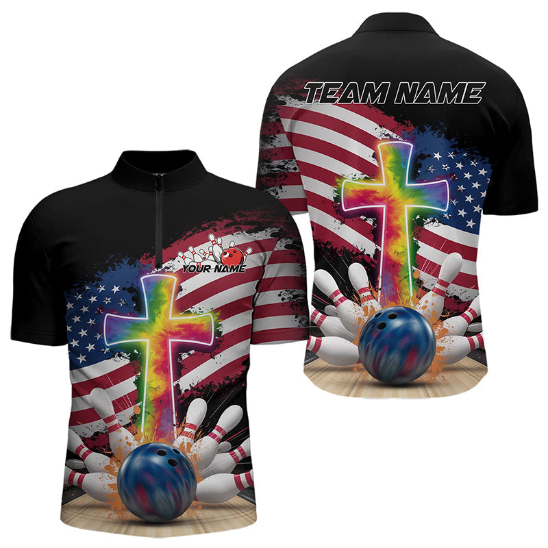 Custom Patriotic Faith Bowling Quarter-Zip Shirts For Men, Tie Dye Cross US Flag Bowling Shirt IPHW8547