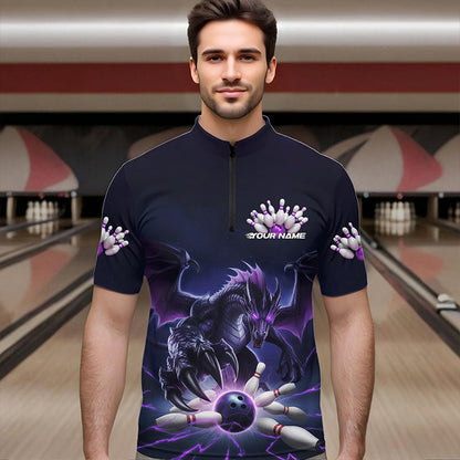 Custom Black And Purple Dragon Bowling Team Quarter-Zip Shirts For Men, Dragon Bowling League Shirt IPHW8548
