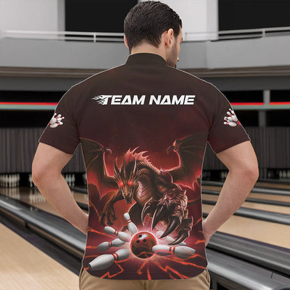 Custom Black And Red Dragon Bowling Team Quarter-Zip Shirts For Men, Dragon Bowling League Shirt IPHW8549