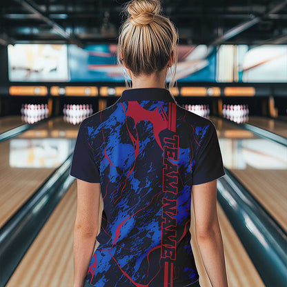 Custom Blue And Red Strike Bowling Quarter-Zip Shirts For Women, Bowling Team Uniform IPHW8858