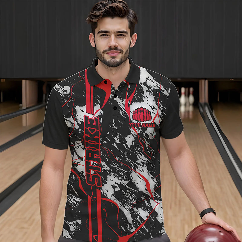 Custom Gray And Red Strike Bowling Polo Shirts For Men, Bowling League Team Uniform IPHW8861