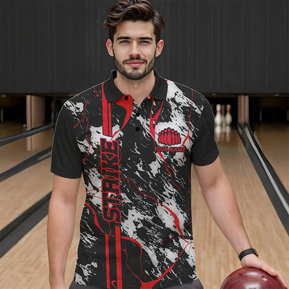 Custom Gray And Red Strike Bowling Polo Shirts For Men, Bowling League Team Uniform IPHW8861