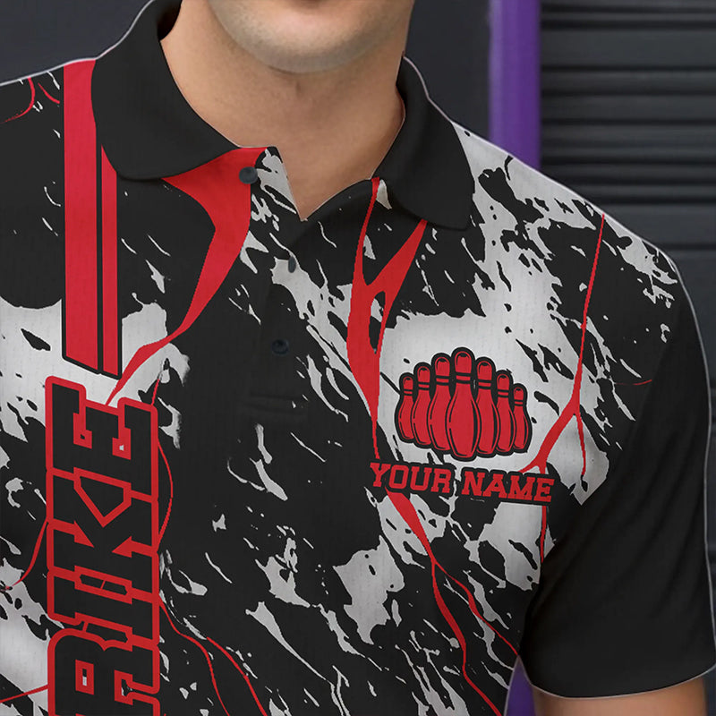 Custom Gray And Red Strike Bowling Polo Shirts For Men, Bowling League Team Uniform IPHW8861