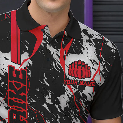 Custom Gray And Red Strike Bowling Polo Shirts For Men, Bowling League Team Uniform IPHW8861