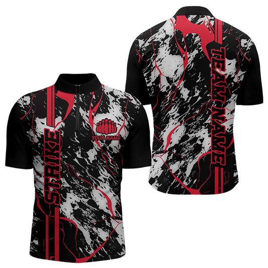 Custom Gray And Red Strike Bowling Quarter-Zip Shirts For Men, Bowling League Team Uniform IPHW8861