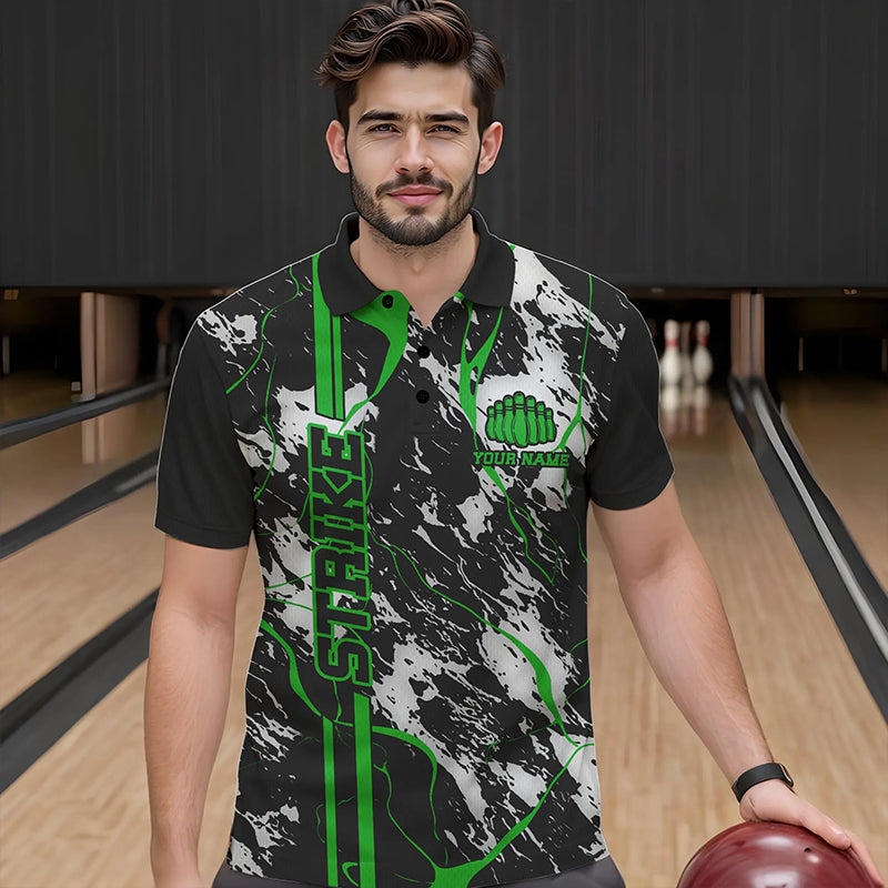 Custom Gray And Green Strike Bowling Polo Shirts For Men, Bowling League Team Uniform IPHW8862