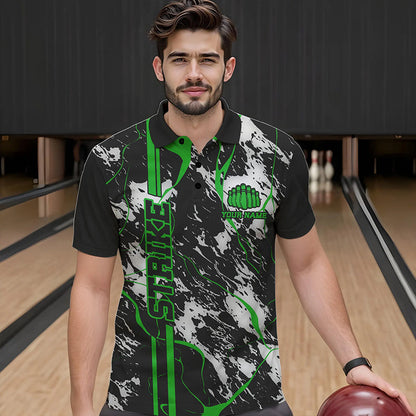 Custom Gray And Green Strike Bowling Polo Shirts For Men, Bowling League Team Uniform IPHW8862