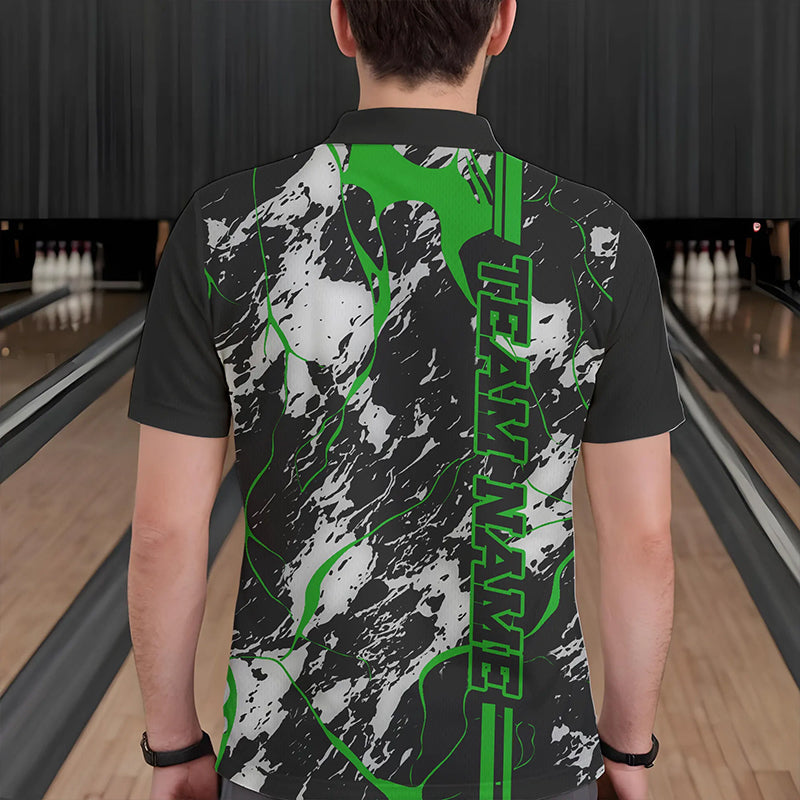 Custom Gray And Green Strike Bowling Polo Shirts For Men, Bowling League Team Uniform IPHW8862