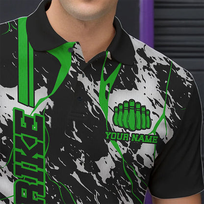 Custom Gray And Green Strike Bowling Polo Shirts For Men, Bowling League Team Uniform IPHW8862