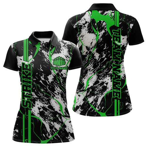 Custom Gray And Green Strike Bowling Polo Shirts For Women, Bowling League Team Uniform IPHW8862