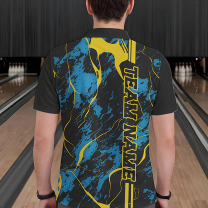 Custom Blue And Yellow Strike Bowling Polo Shirts For Men, Bowling League Team Uniform IPHW8863