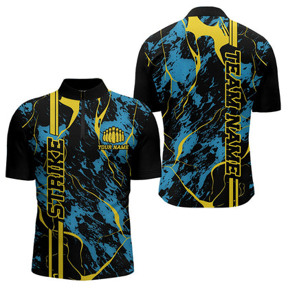 Custom Blue And Yellow Strike Bowling Quarter-Zip Shirts For Men, Bowling League Team Uniform IPHW8863