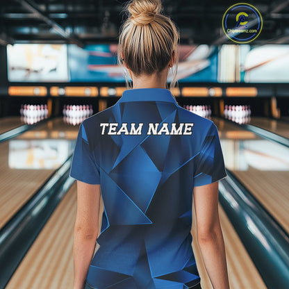 Person wearing a blue bowling shirt with 'TEAM NAME' on the back in a bowling alley.