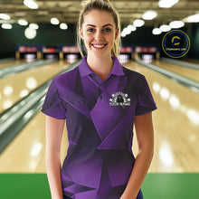 Load image into Gallery viewer, Woman wearing a purple bowling shirt with a logo in a bowling alley