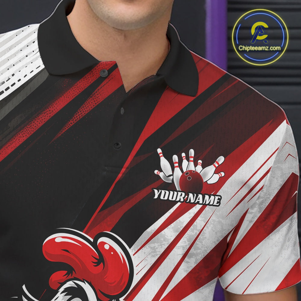 A close-up of a man wearing a custom-designed bowling-themed polo shirt. The shirt features a black collar, a black and red patterned upper chest, and a white and red patterned lower body with a bowling pin graphic and the text 'YOUR NAME'.