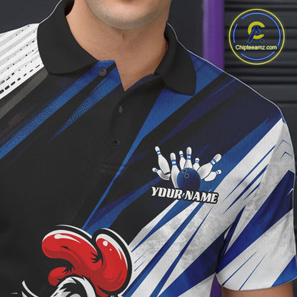 A close-up of a man wearing a custom bowling-themed polo shirt. The shirt features a black collar, diagonal blue and white stripes, a bowling pin and ball graphic, and a red bowling glove graphic.