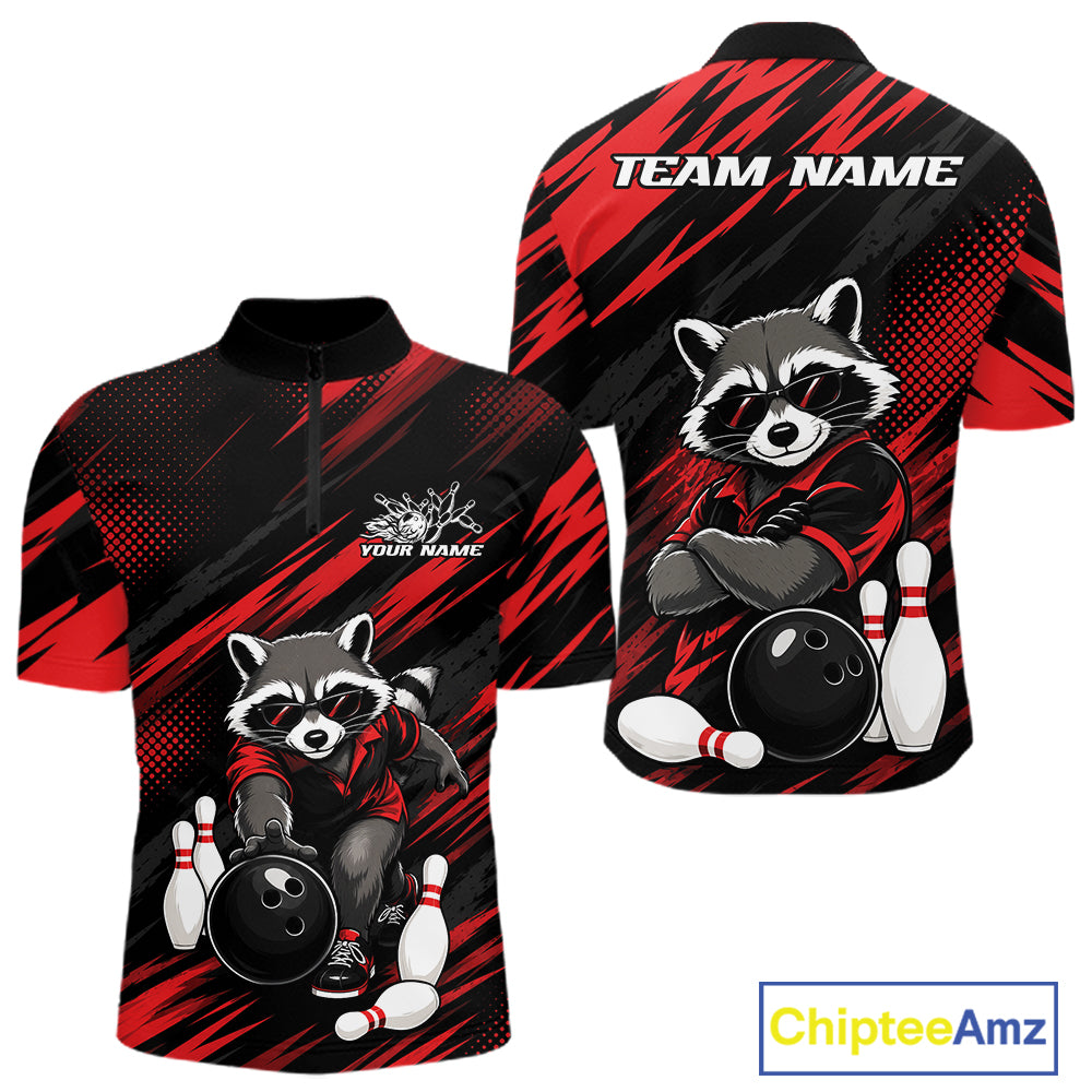 Front and back views of a short-sleeve quarter-zip bowling-themed shirt on a white background. The design features a cartoon raccoon wearing sunglasses and a bowling shirt, with bowling balls and pins, over a black and red abstract pattern.