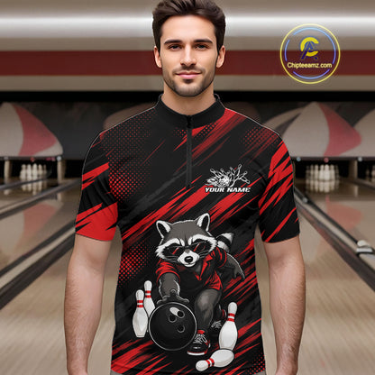 A man wearing a short-sleeve bowling jersey quarter zip shirt with a black and red graphic design featuring a raccoon holding a bowling ball. The jersey has a mock neck and a half-zip collar, with 'YOUR NAME' printed on the chest.