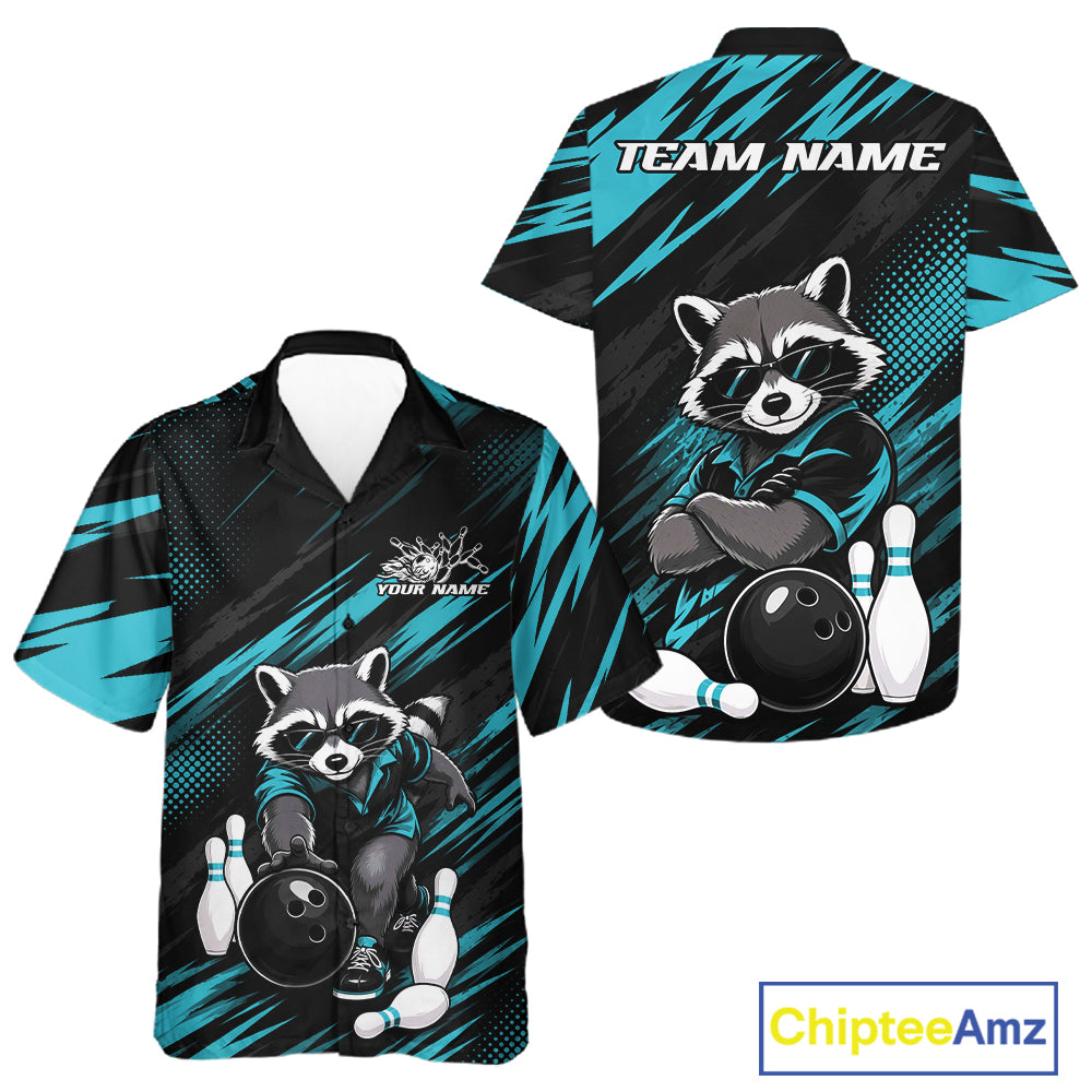 Custom Cyan Blue Funny Cool Looking Raccoon Men And Women Bowling Team Button Up Shirt, Bowling Jersey IPHW11867
