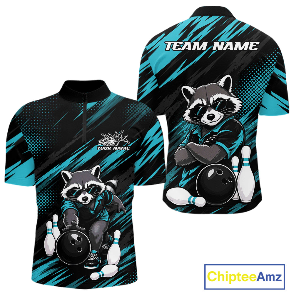 Front and back views of a short-sleeve bowling-themed quarter-zip shirt on a white background. The shirt features a black and teal abstract brushstroke pattern with a cartoon raccoon wearing sunglasses, bowling pins, and a bowling ball.