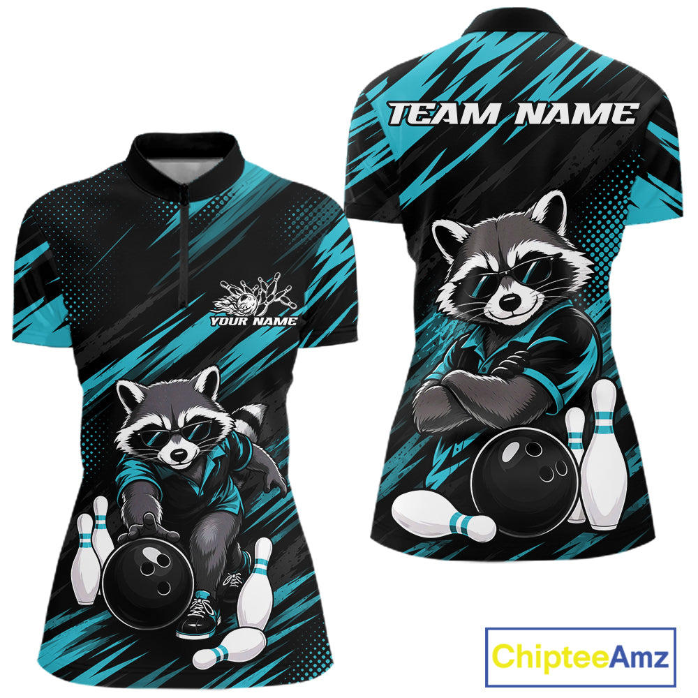Front and back views of a short-sleeve bowling-themed quarter zip shirt on a white background. The shirt has a black base with bright teal diagonal streaks and a large raccoon graphic wearing a teal bowling outfit, with bowling balls and pins.