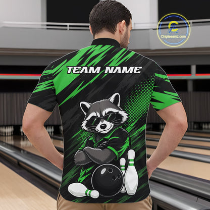 A man viewed from behind wearing a custom bowling-themed short-sleeve shirt with a raccoon graphic and 'TEAM NAME' text on the back, set against a bowling alley background.