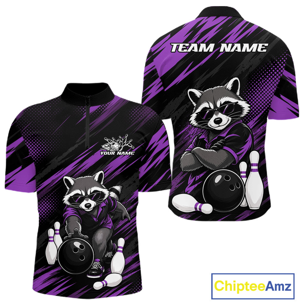 Front and back views of a short-sleeve bowling-themed quarter zip shirt. The shirt features a black and purple abstract background with a cartoon raccoon holding a bowling ball