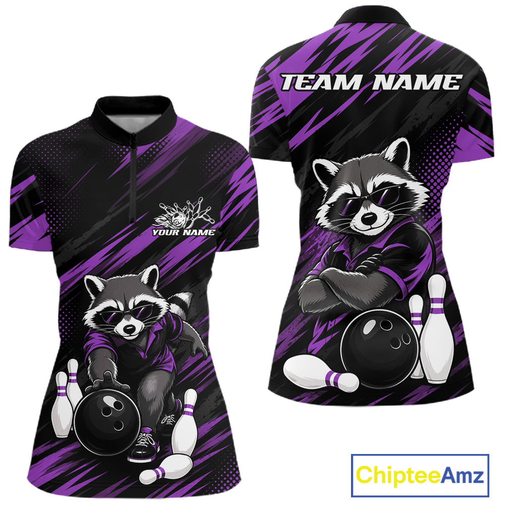 Front and back views of a women's short-sleeve bowling-themed quarter zip shirt. The shirt features a black and purple abstract background with a cartoon raccoon wearing a purple bowling outfit, holding a bowling ball with bowling pins around it.