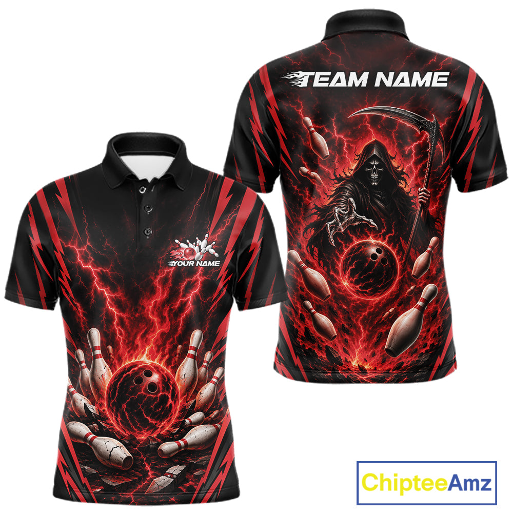 Front and back views of a short-sleeve polo shirt with a black base and a vivid red, black, and white bowling-themed graphic print featuring lightning effects, bowling pins, and a grim reaper. The shirt includes customizable text placeholders 'TEAM NAME' and 'YOUR NAME'.