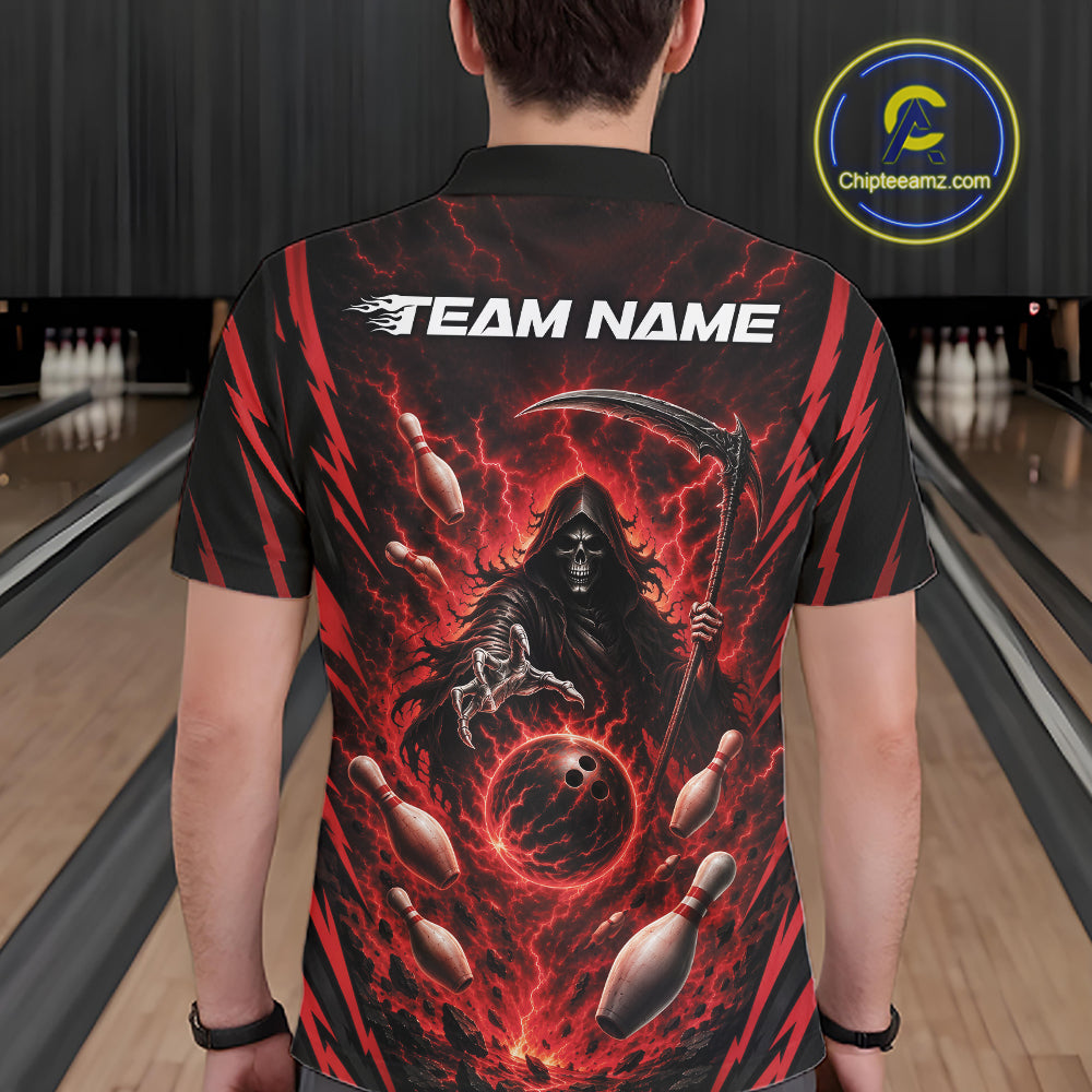 A person viewed from behind wearing a short-sleeve bowling shirt with a dramatic Grim Reaper graphic. The shirt features a black and red lightning-patterned base with a large central illustration of a dark hooded figure holding a scythe, surrounded by red energy effects, bowling pins, and a white 'TEAM NAME' text print across the upper back.