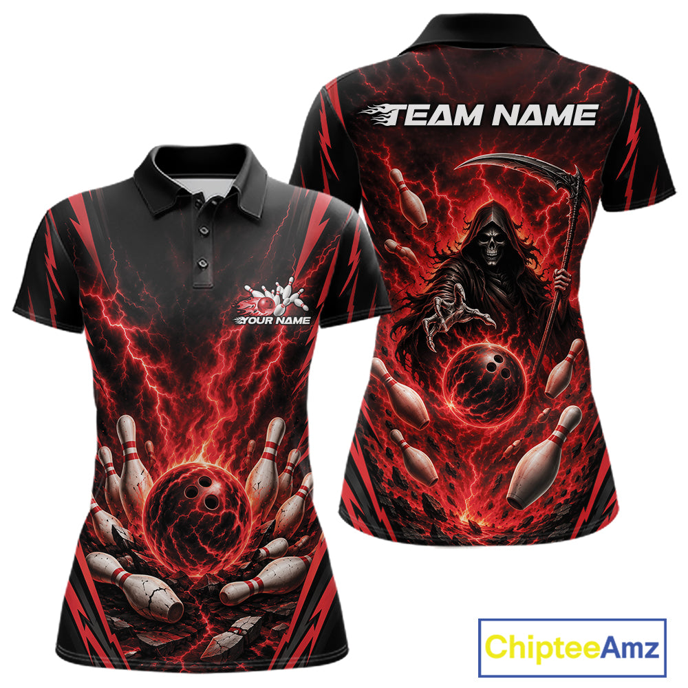 Front and back views of a women's short-sleeve polo shirt with a dramatic bowling-themed graphic print in black, red, and gray. The front shows a bowling pin cluster, a bowling ball, and a logo placeholder on the chest.