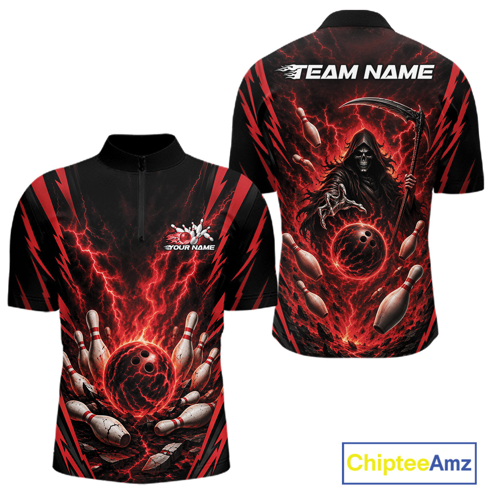 Front and back views of a black short-sleeve quarter-zip shirt with a red and black bowling-themed graphic print featuring a grim reaper, lightning, bowling balls, and custom text placeholders.