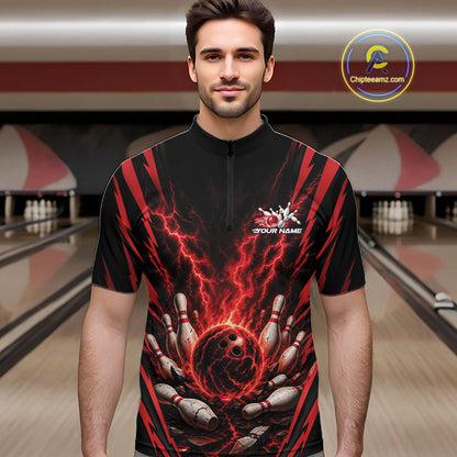 A man wearing a black short-sleeve zip-front jersey with a red and black bowling-themed graphic print, standing in a bowling alley. The jersey features a cracked bowling ball, bowling pins, and red lightning bolts, with a customizable text area.