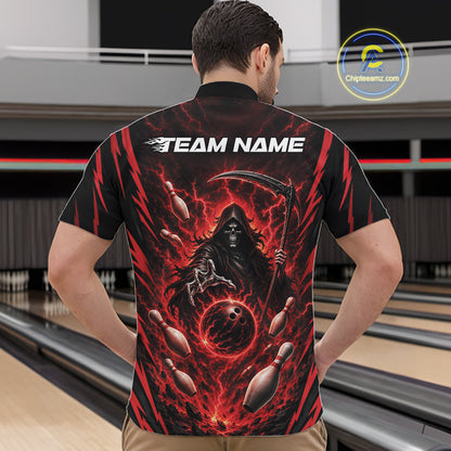 A man viewed from behind wearing a black short-sleeve bowling quarter zip shirt with a dramatic red and black graphic of a grim reaper, bowling pins, and a bowling ball. The shirt features the customizable text 'TEAM NAME' across the upper back.