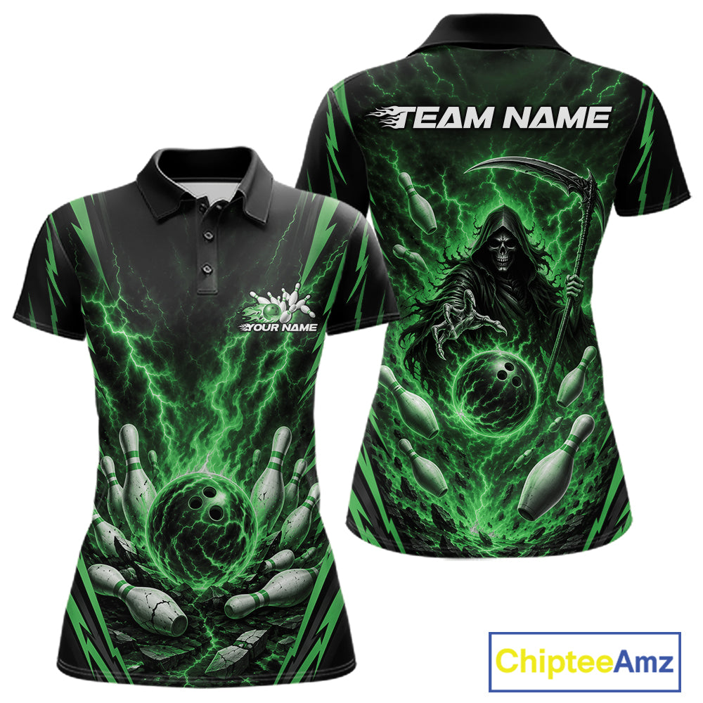 Customizable womens short-sleeve polo shirt shown from the front and back on a white background. The shirt features a black base with a vibrant green lightning design, a grim reaper holding a bowling ball, bowling pins, and bowling pins scattered around.