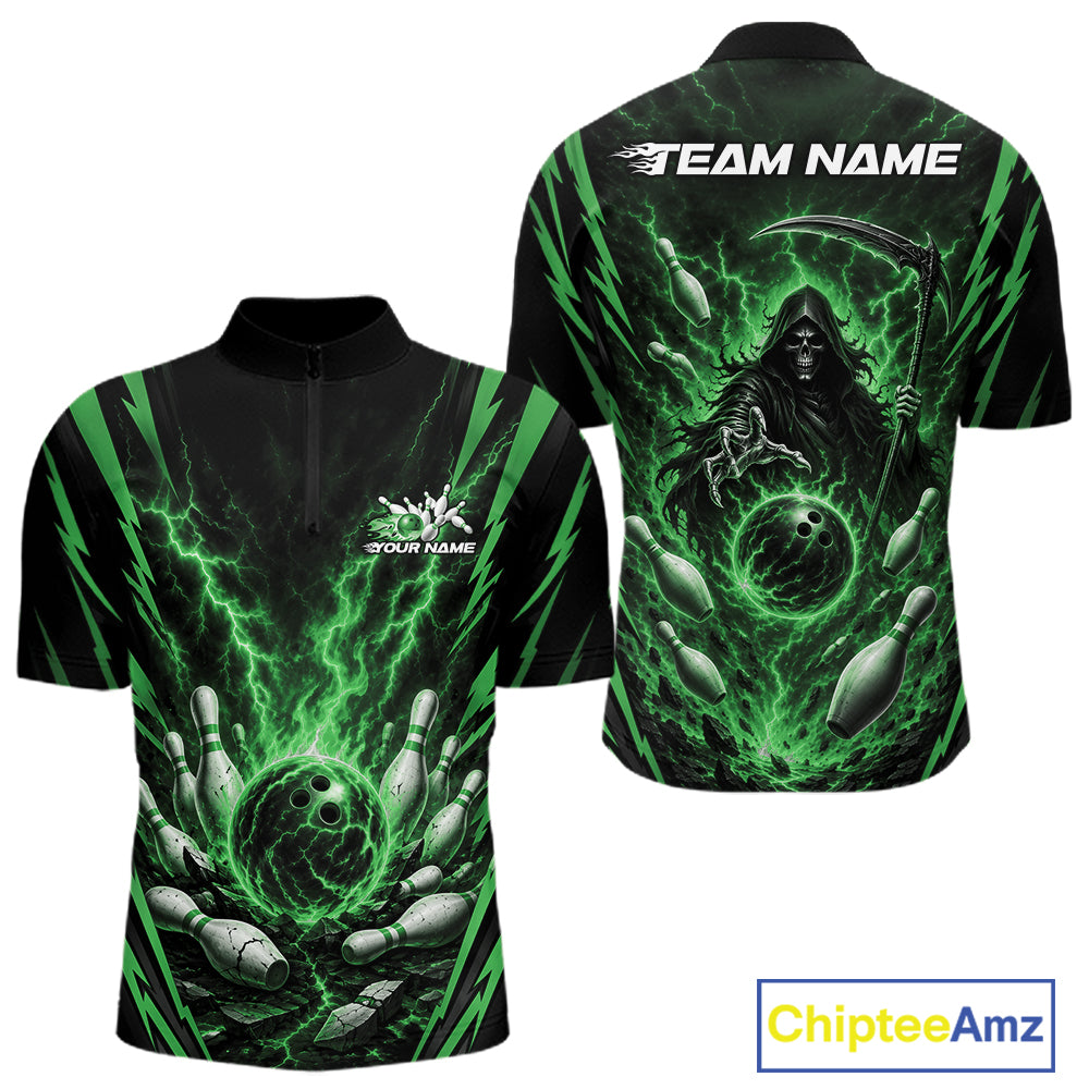 A short-sleeve zip-up bowling jersey shown from both front and back on a white background. The design is black with vivid green lightning effects, bowling pins, and a grim reaper holding a bowling ball, with customizable text areas