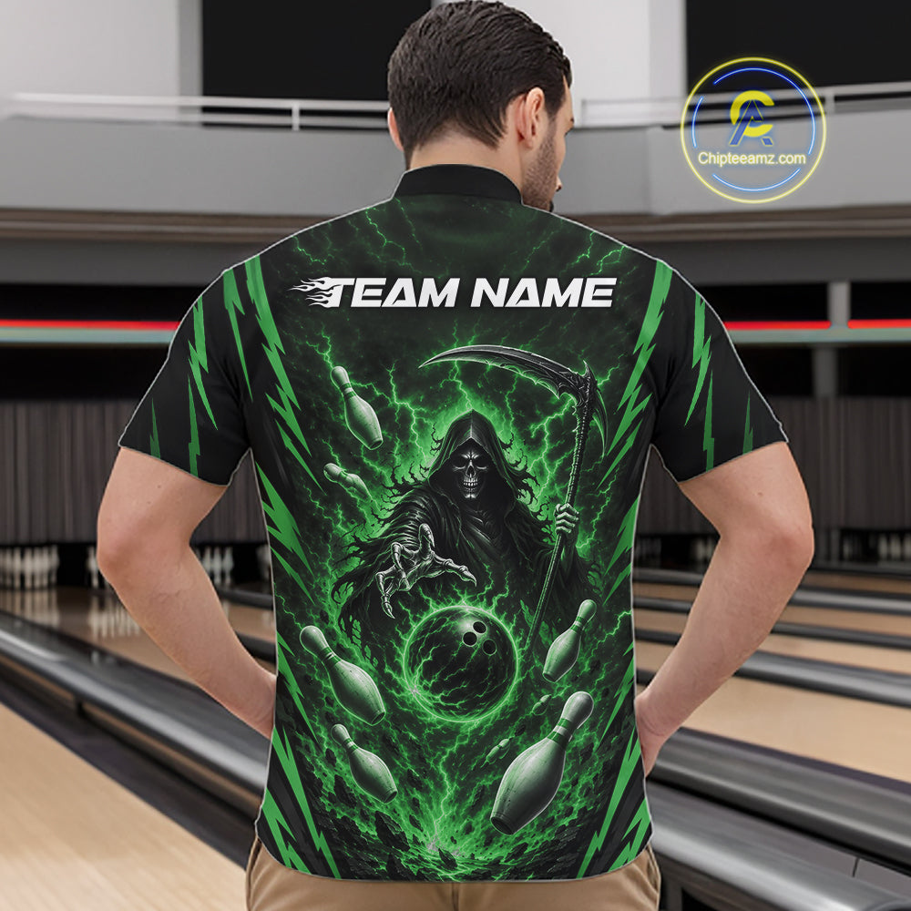 A man viewed from behind wearing a black short-sleeve quarter zip bowling shirt with a large green grim reaper graphic, bowling pins, and the text 'TEAM NAME' across the upper back. 