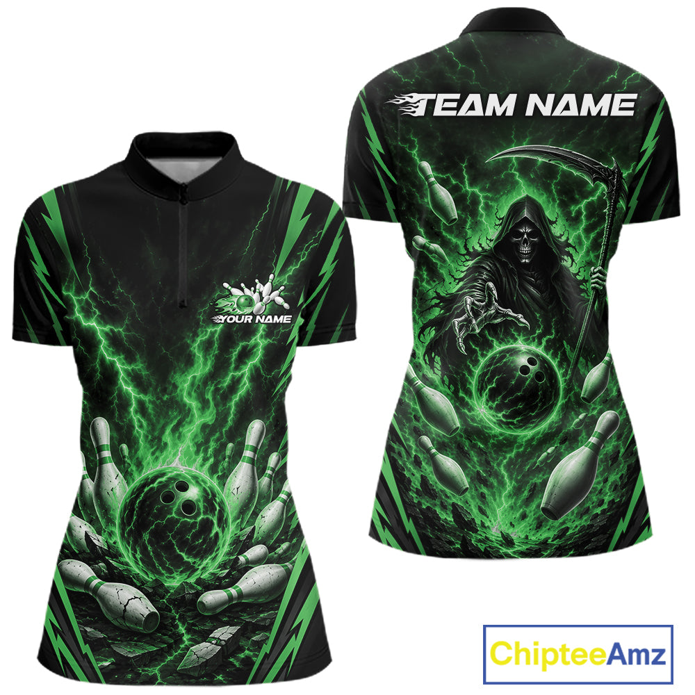 Front and back views of a womens short-sleeve quarter zip shirt with a Grim Reaper bowling graphic in green and black, featuring placeholder text 'TEAM NAME' and 'YOUR NAME"