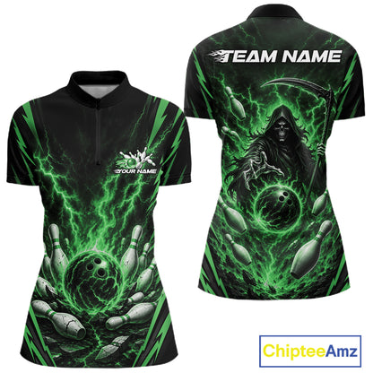 Front and back views of a womens short-sleeve quarter zip shirt with a Grim Reaper bowling graphic in green and black, featuring placeholder text 'TEAM NAME' and 'YOUR NAME"