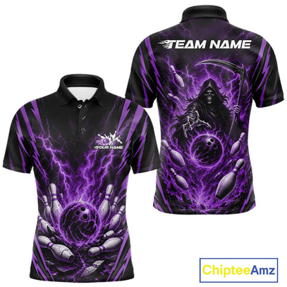 Front and back views of a short-sleeve polo shirt with a black base and a vivid purple lightning-bolt bowling graphic. The front shows a small white chest logo with placeholder text, and the back shows a large grim reaper holding a bowling pin with the text 'TEAM NAME' across the shoulders.