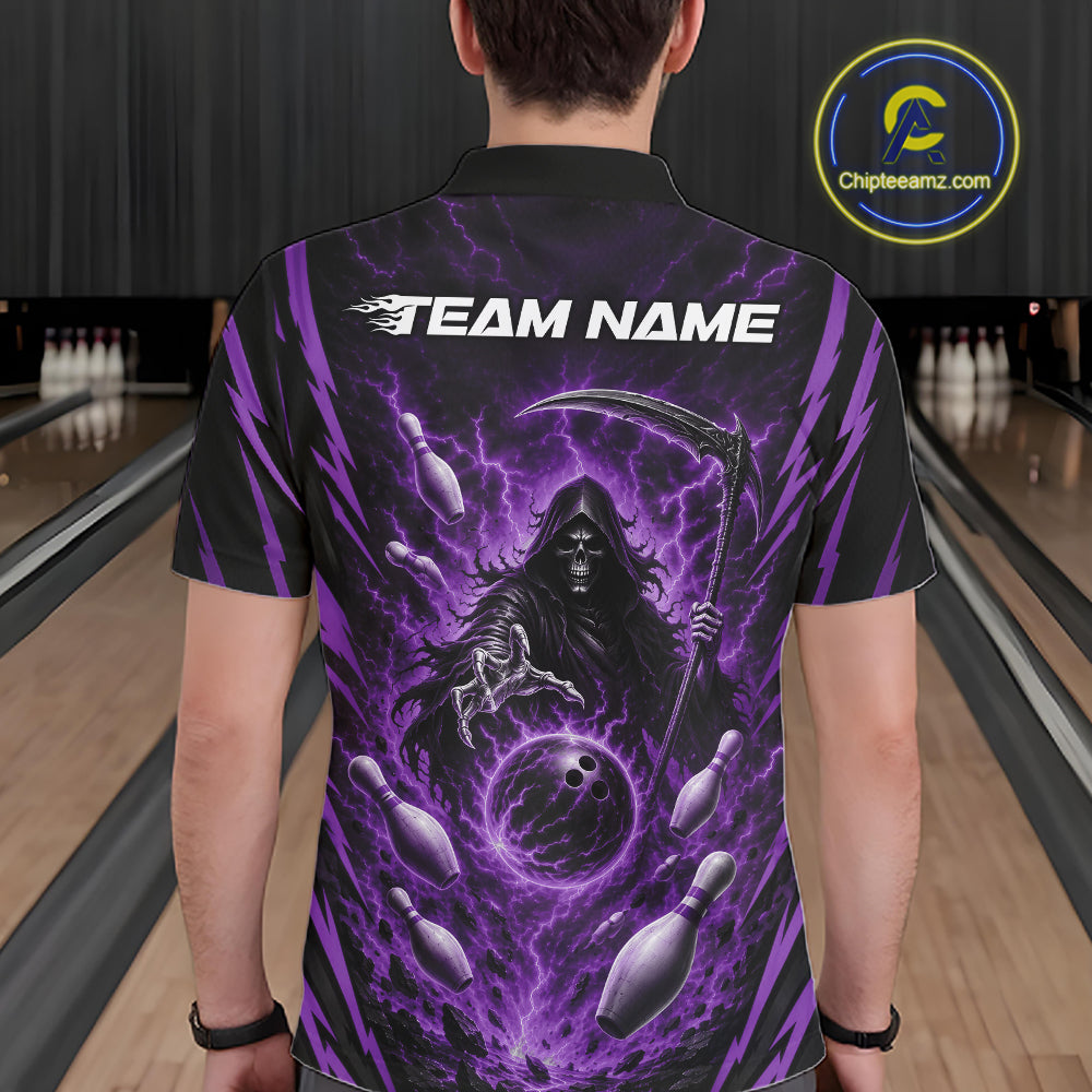 A person viewed from behind wearing a short-sleeve polo bowling shirt with a large purple and black grim reaper graphic, lightning bolts, bowling pins, and the text 'TEAM NAME' across the upper back