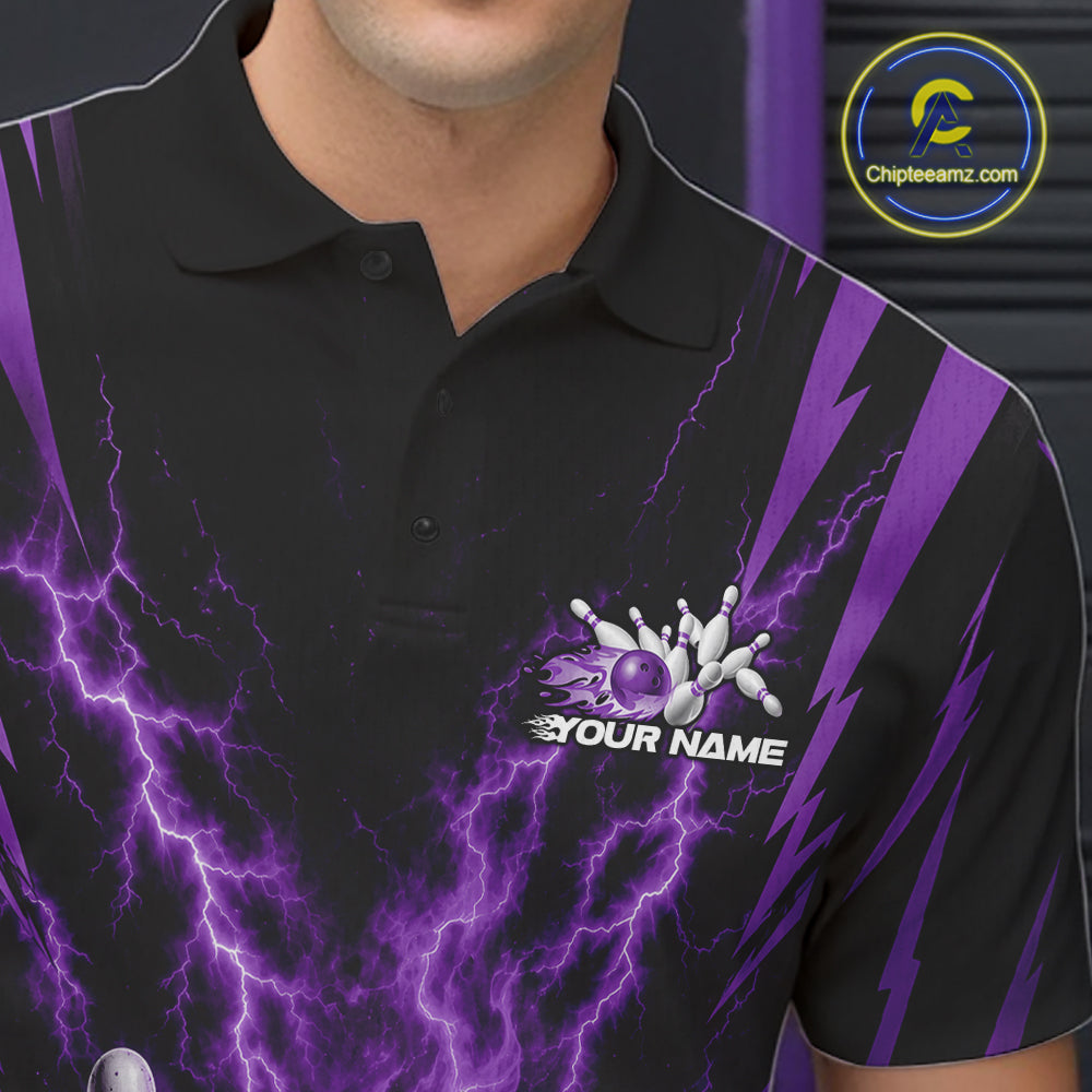 A close-up of a black short-sleeve polo shirt with a purple lightning-bolt graphic pattern and a bowling-themed chest print featuring white pins and the text 'YOUR NAME'.