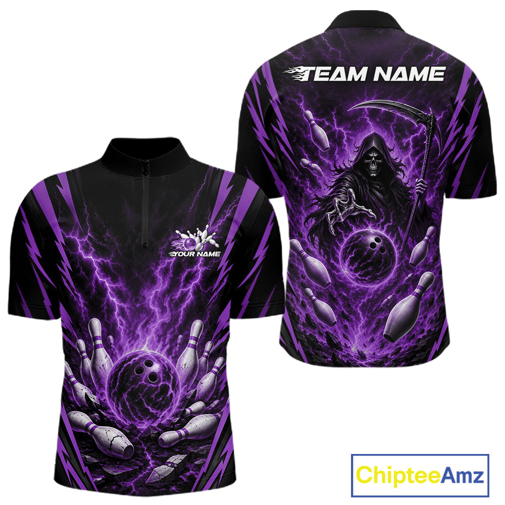 Custom short-sleeve athletic jersey shown from the front and back, featuring a black base with vivid purple lightning effects and a grim reaper graphic holding bowling balls. Includes placeholder text 'TEAM NAME' and 'YOUR NAME' on the chest and back