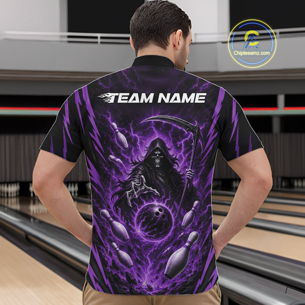 A man viewed from behind wearing a short-sleeve quarter zip bowling shirt with a large purple and black Grim Reaper graphic and the text 'TEAM NAME' across the upper back. 