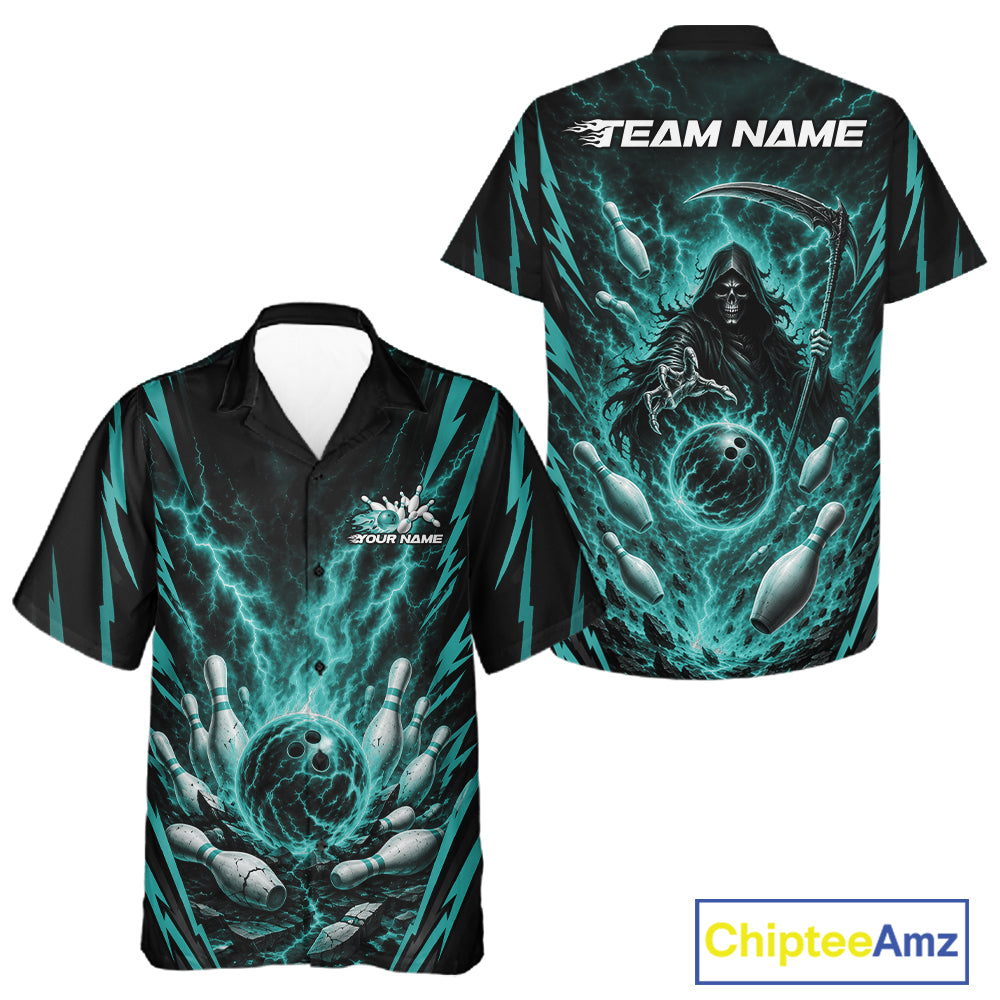 Custom short-sleeve bowling-themed button-up shirt shown from both front and back. The shirt features a black base with vibrant teal lightning effects, white bowling pins, and a grim reaper holding a scythe.