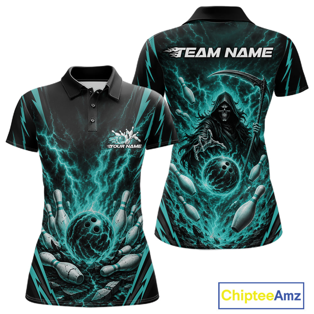 A custom womens short-sleeve polo shirt shown from both front and back on a white background. The shirt features a black base with a vibrant teal and black lightning-themed grim reaper design, including bowling pins, bowling balls, and a scythe.