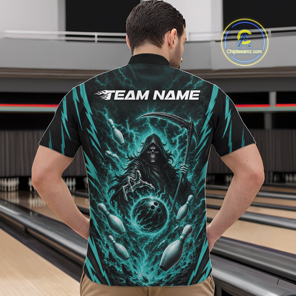 A man viewed from behind wearing a short-sleeve quaerter zip bowling shirt with a large graphic print of a grim reaper, bowling pins, and teal lightning effects on a black background. 