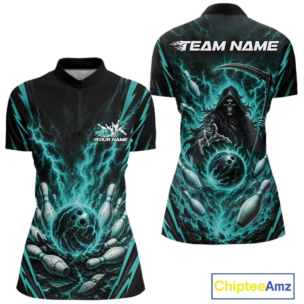 Front and back views of a short-sleeve custom womens bowling polo shirt. The shirt features a black base with a vibrant teal and black lightning-bolt graphic surrounding bowling pins and a bowling ball, with a grim reaper design on the back.