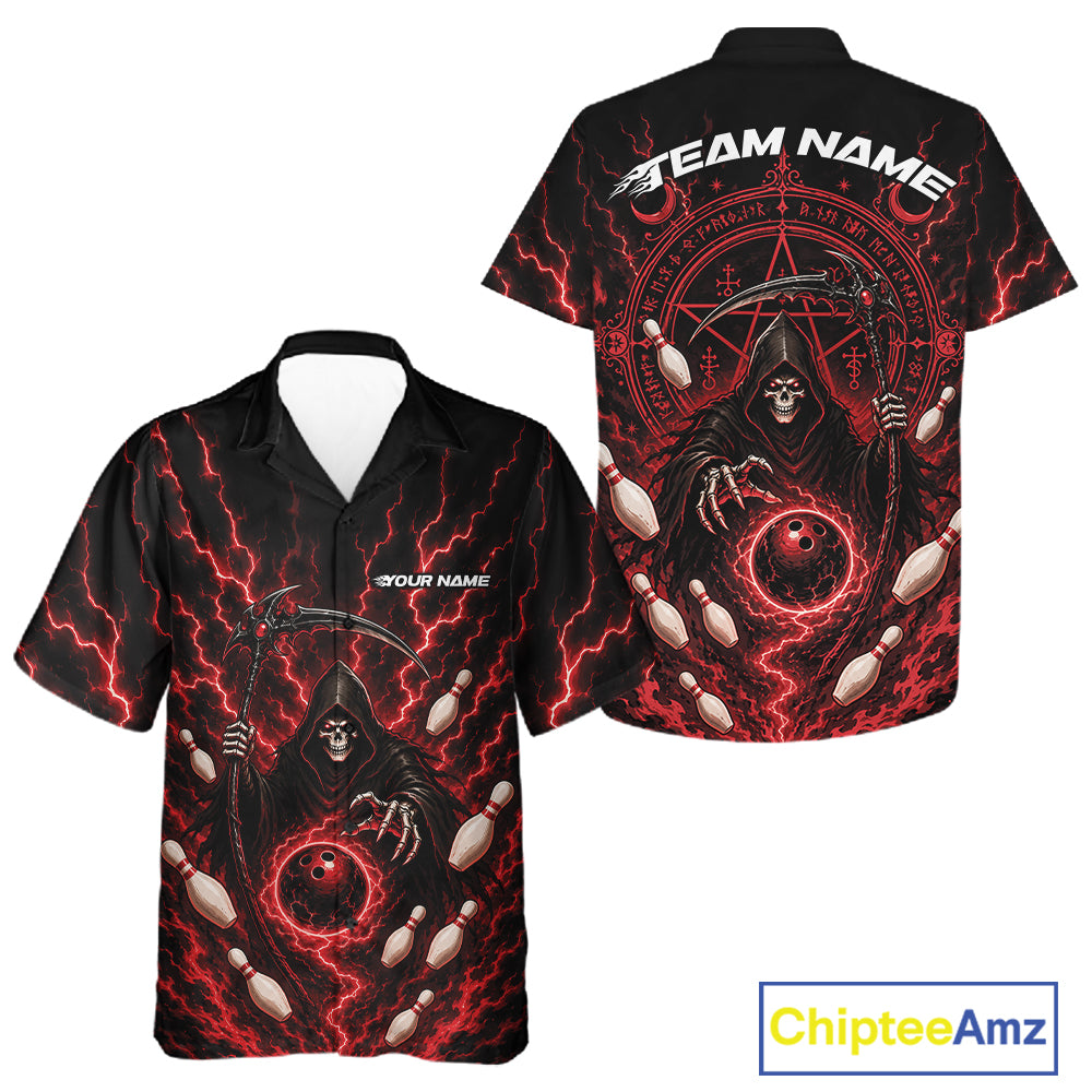 Custom short-sleeve button-up shirt shown from both front and back, featuring a black background with a red and black grim reaper design, red lightning, and customizable text areas reading TEAM NAME and YOUR NAME. A ChipteeAmz logo is visible in the bottom right corner.