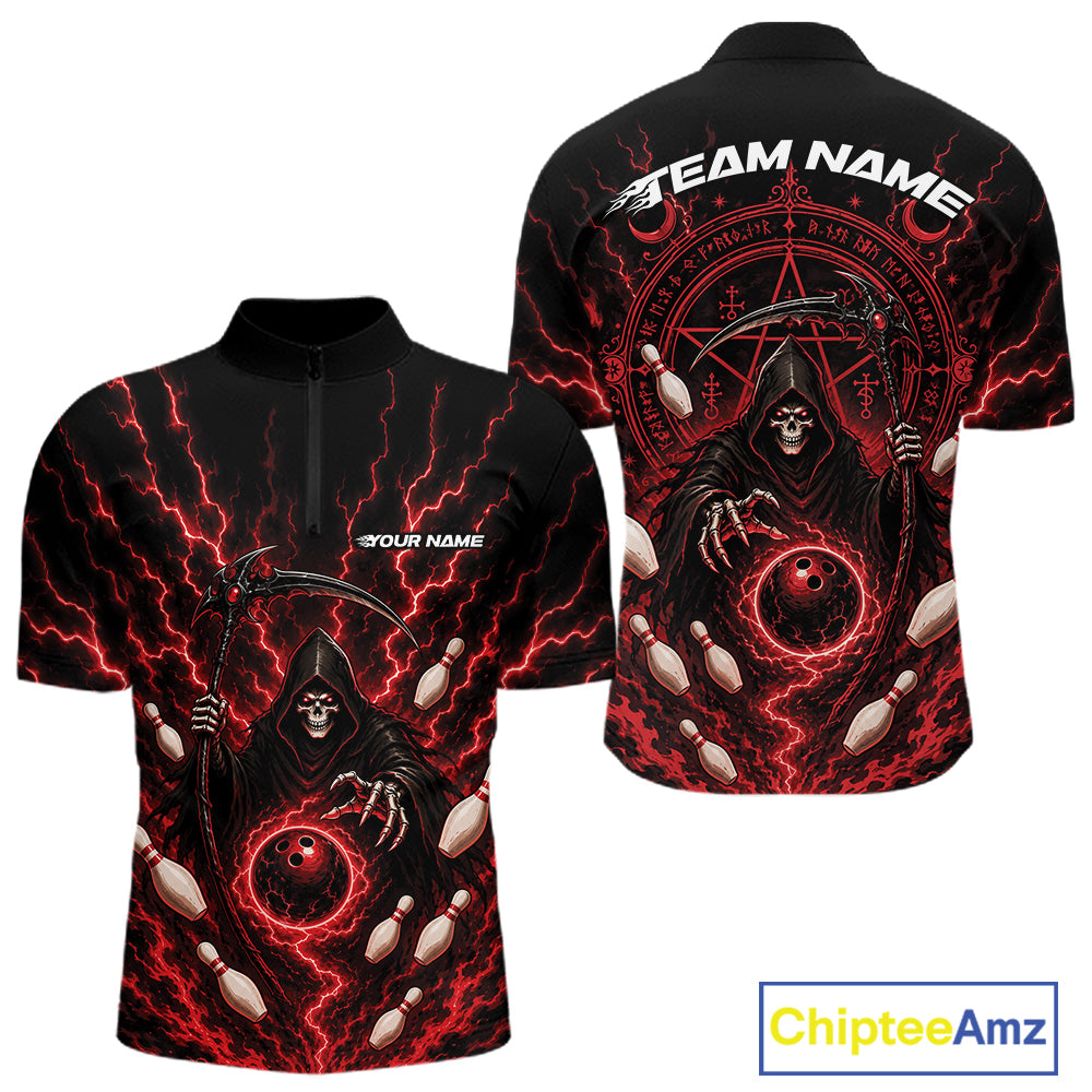 Black short-sleeve quarter-zip shirt shown from front and back, featuring a grim reaper graphic with red lightning, white bowling pins, and customizable white text reading TEAM NAME and YOUR NAME